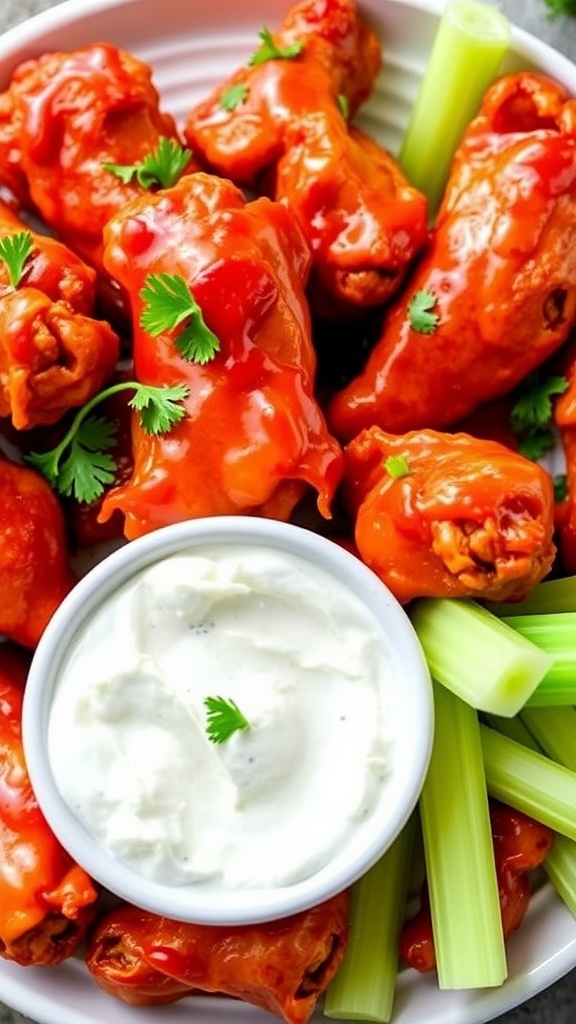 A tempting plate of buffalo turkey wings with blue cheese dip and celery sticks.